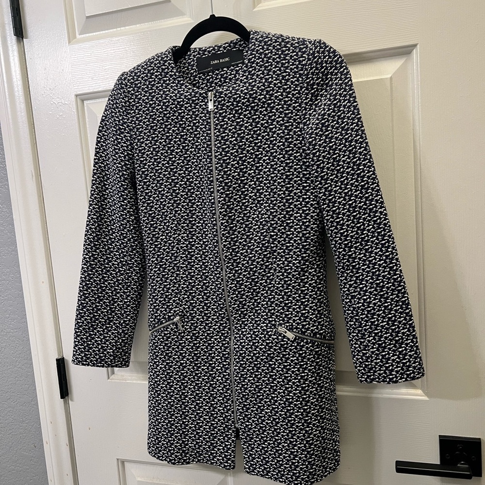 Zara Navy Blue and White Textured Blazer